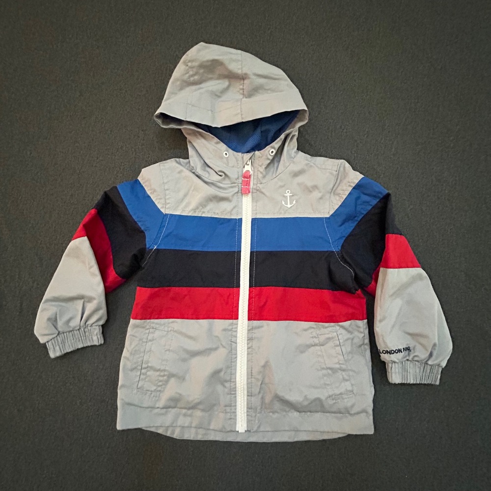 London Fog Toddler Boys 24M Hooded Windbreaker Jacket Gray Anchor Colorblock Zip